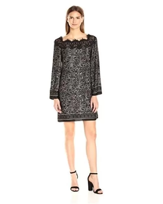 Max Studio Women's Printed Matte Charmeuse Lace Longsleeve Dress