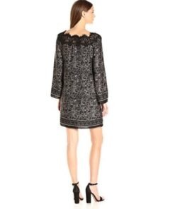 Max Studio Women's Printed Matte Charmeuse Lace Longsleeve Dress