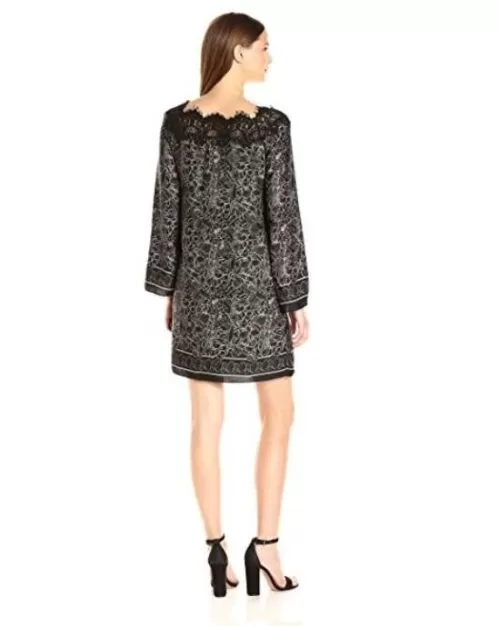 Max Studio Women's Printed Matte Charmeuse Lace Longsleeve Dress