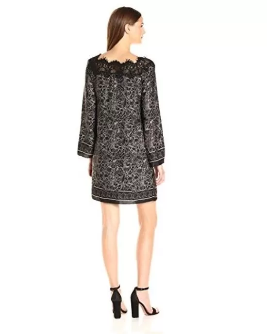 Max Studio Women's Printed Matte Charmeuse Lace Longsleeve Dress