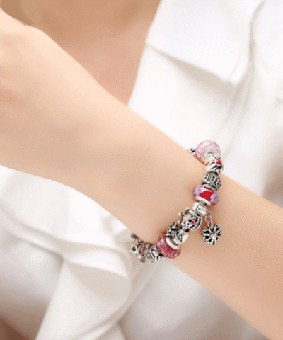 Steffe Antique Silver Charm Bracelet with Love and Flower Beads