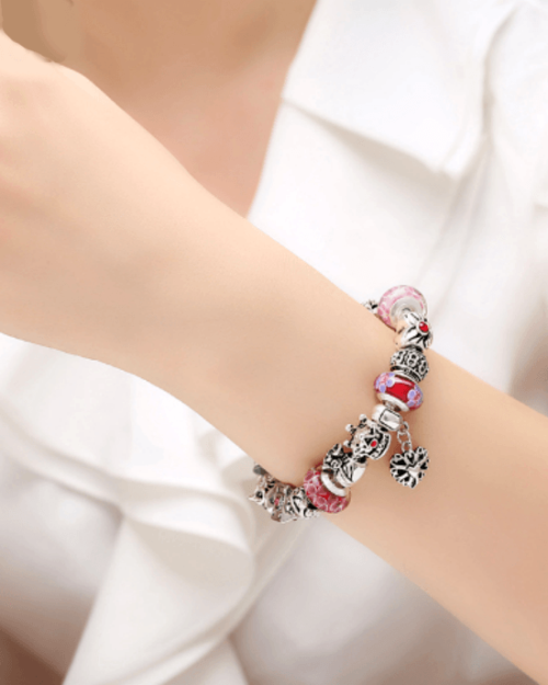 Steffe Antique Silver Charm Bracelet with Love and Flower Beads