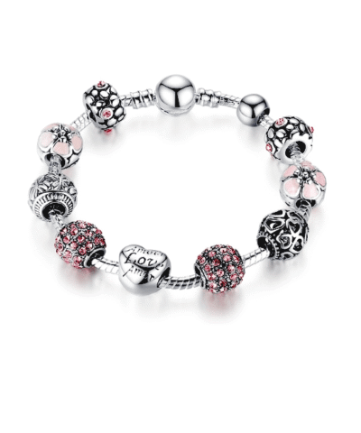 Steffe Antique Silver Charm Bracelet with Love and Flower Beads