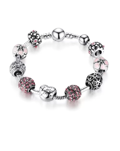 Steffe Antique Silver Charm Bracelet with Love and Flower Beads