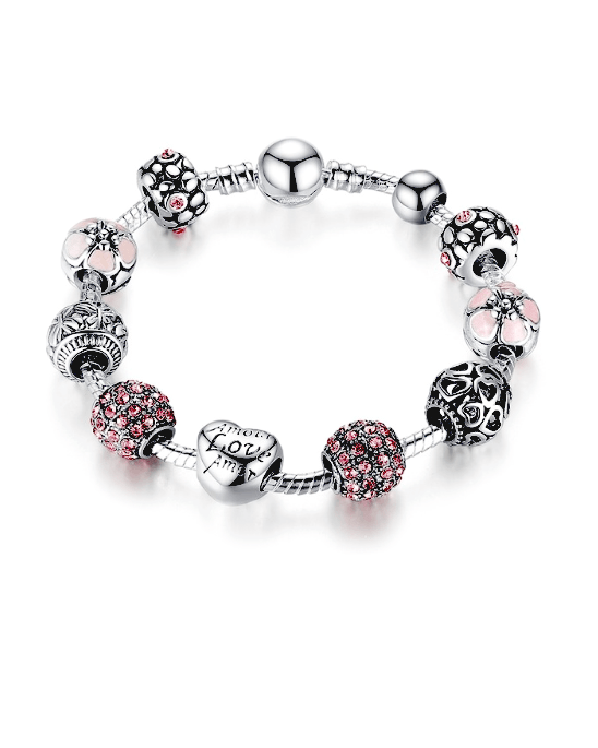 Steffe Antique Silver Charm Bracelet with Love and Flower Beads