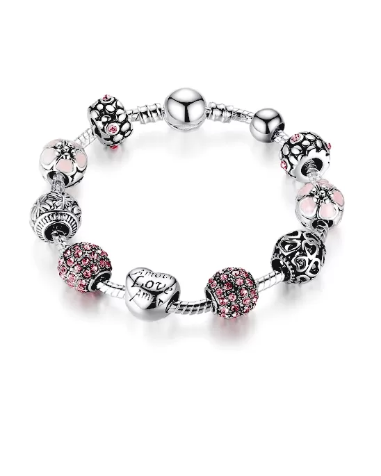 Steffe Antique Silver Charm Bracelet with Love and Flower Beads