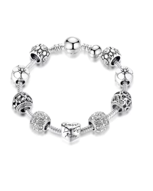 Steffe Antique Silver Charm Bracelet with Love and Flower Beads