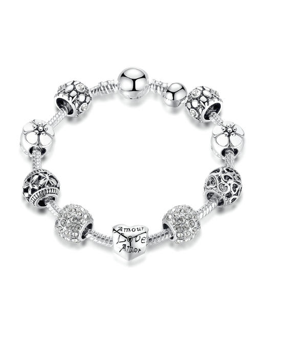Steffe Antique Silver Charm Bracelet with Love and Flower Beads