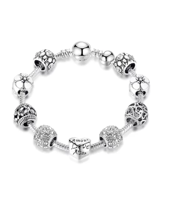 Steffe Antique Silver Charm Bracelet with Love and Flower Beads
