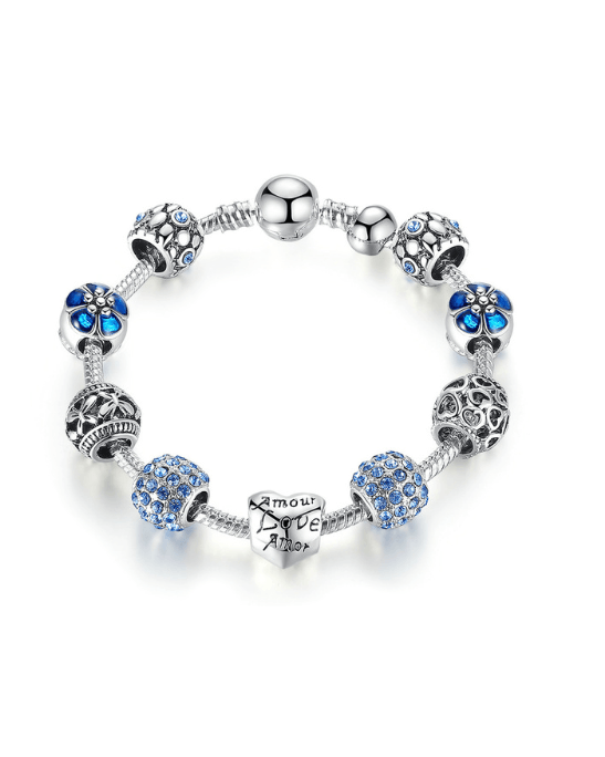 Steffe Antique Silver Charm Bracelet with Love and Flower Beads