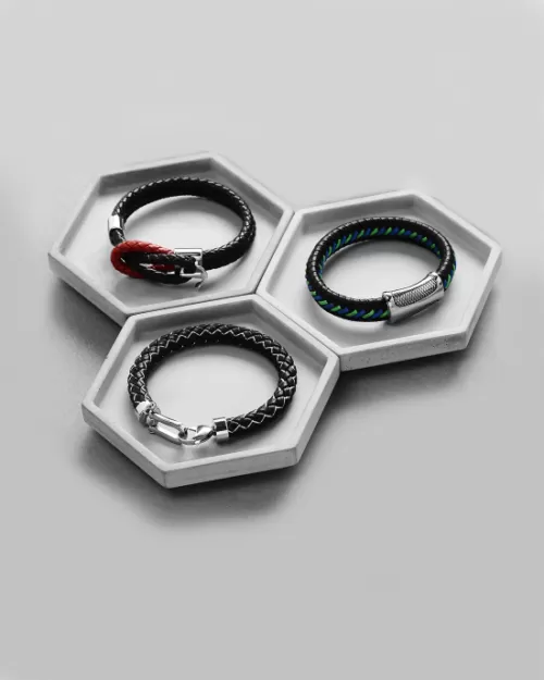 Steffe Men's Double Black Red Genuine Leather Infinite Knot Bracelets