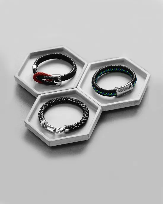 Steffe Men's Double Black Red Genuine Leather Infinite Knot Bracelets