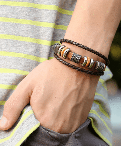 Steffe Unisex Handmade Retro Dark Genuine Leather Woven Charm Bracelet