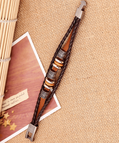 Steffe Men's Handmade Retro Genuine Leather Woven Charm Bracelet