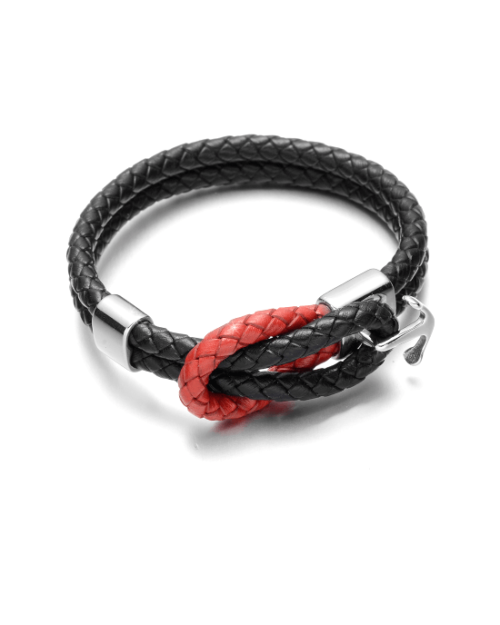 Steffe Men's Double Black Red Genuine Leather Infinite Knot Bracelets