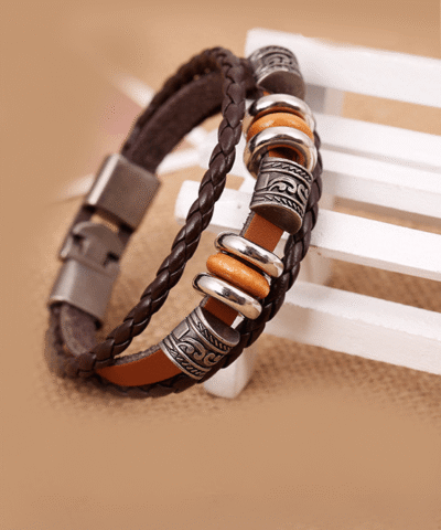 Steffe Men's Handmade Retro Genuine Leather Woven Charm Bracelet