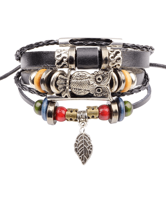 Steffe Punk Vintage Rope Handmade Bead Owl Leather Bracelets