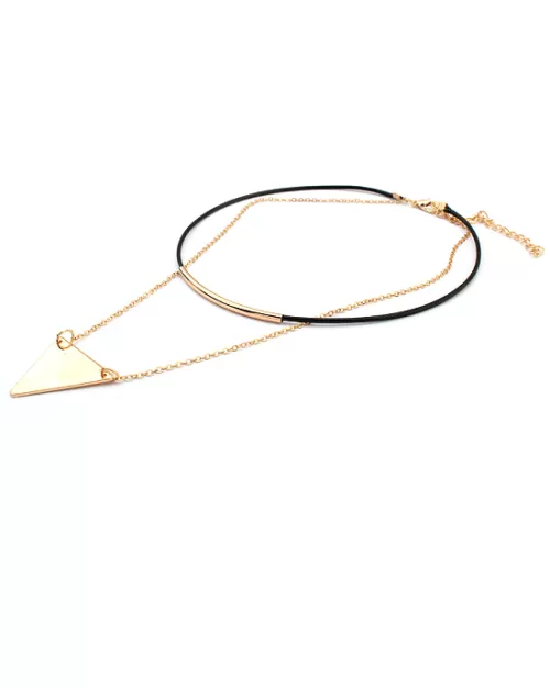 Steffe Triangle Pendant Double chains leather simple choker necklace