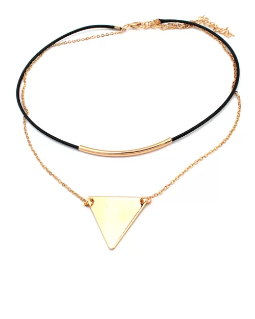 Steffe Triangle Pendant Double chains leather simple choker necklace