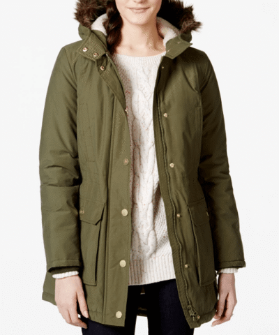 Tommy Hilfiger Women's Green Faux-fur-trim Hooded Coat