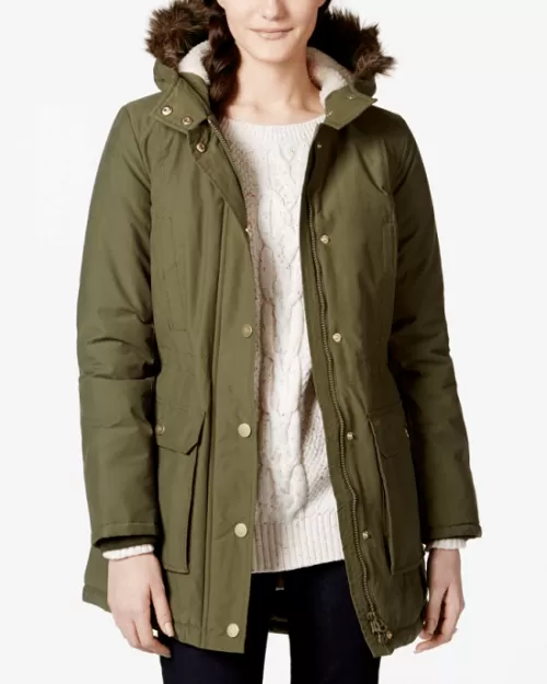 Tommy Hilfiger Women's Green Faux-fur-trim Hooded Coat