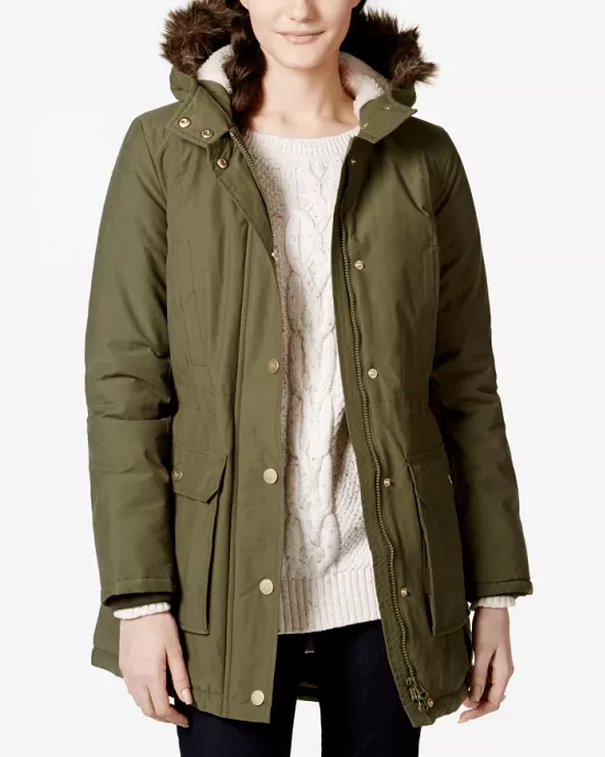 Tommy Hilfiger Women's Green Faux-fur-trim Hooded Coat