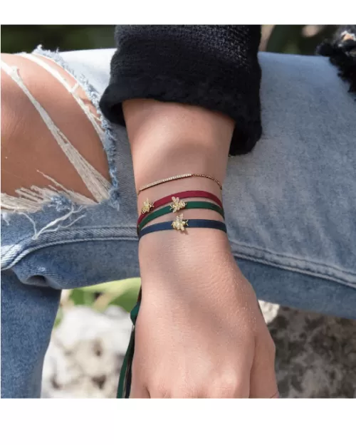 Apm Monaco Blue Satin Choker Bracelet With Yellow Silver Bumble Bee