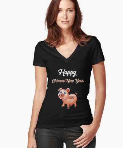 Women's Fitted V-Neck T-Shirt Chinese New Year 2019 - Year of the Pig / Boar