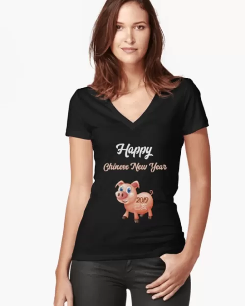 Women's Fitted V-Neck T-Shirt Chinese New Year 2019 - Year of the Pig / Boar