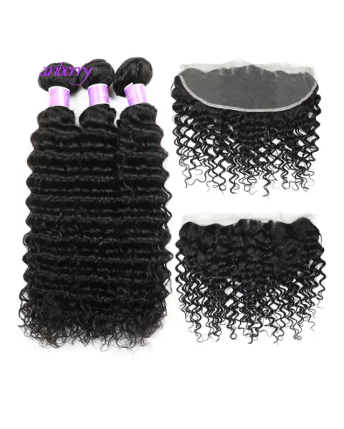 Cranberry Peruvian Deep Wave Bundles With Frontal Ear To Ear Lace Frontal Closure