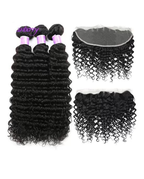 Cranberry Peruvian Deep Wave Bundles With Frontal Ear To Ear Lace Frontal Closure