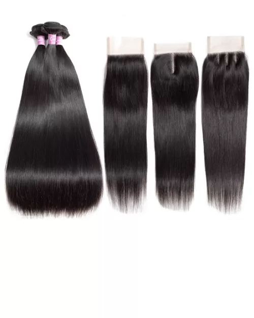 Cranberry Brazilian Straight Hair 3 Bundles With Closure 100% Human Hair Extensions