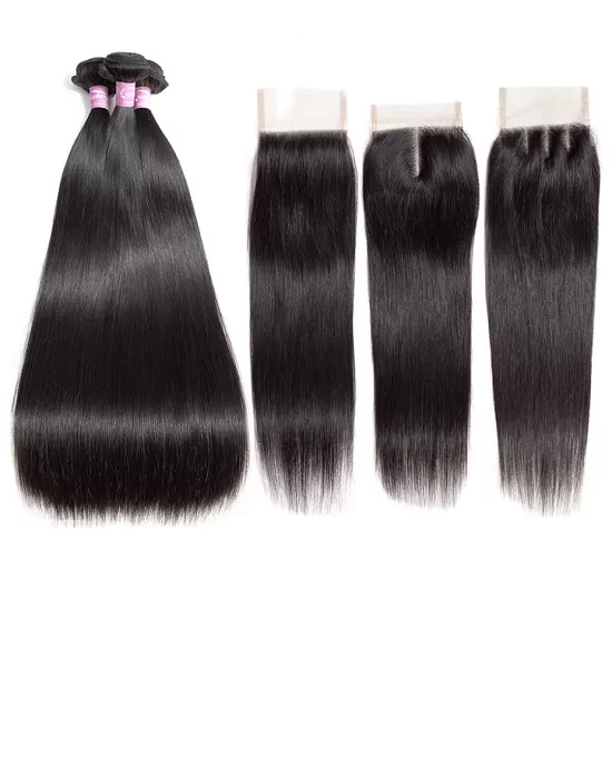 Cranberry Brazilian Straight Hair 3 Bundles With Closure 100% Human Hair Extensions