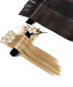 Leeons Long Straight Synthetic Hair Extensions Clips in Black Blonde Hairpiece