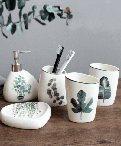 Nordic Green Plant Ceramic Bathroom Accessories Set