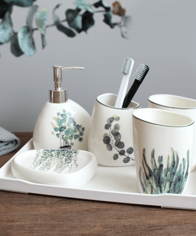 Nordic Green Plant Ceramic Bathroom Accessories Set