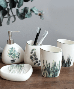 Nordic Green Plant Ceramic Bathroom Accessories Set