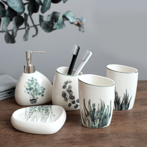 Nordic Green Plant Ceramic Bathroom Accessories Set