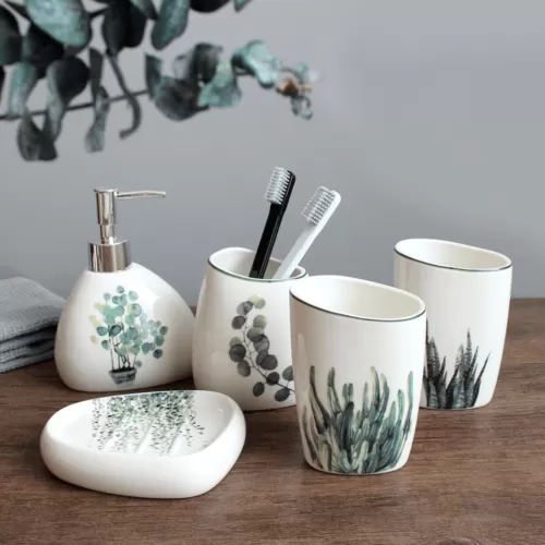 Nordic Green Plant Ceramic Bathroom Accessories Set