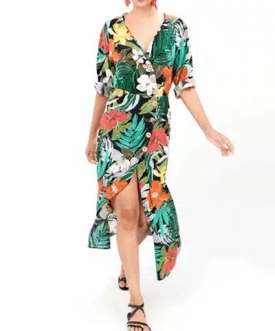 Women's V-Neck Tropical Floral Print Long Boho Beach Dress