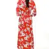 Women's V-Neck Red Floral Print Long Boho Beach Dress