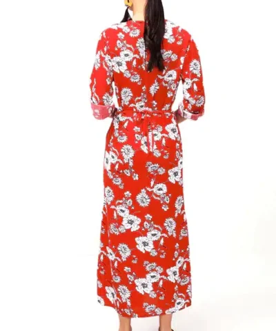 Women's V-Neck Red Floral Print Long Boho Beach Dress