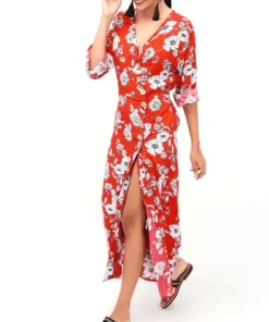 Women's V-Neck Red Floral Print Long Boho Beach Dress