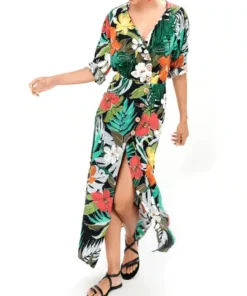 Women's V-Neck Tropical Floral Print Long Boho Beach Dress