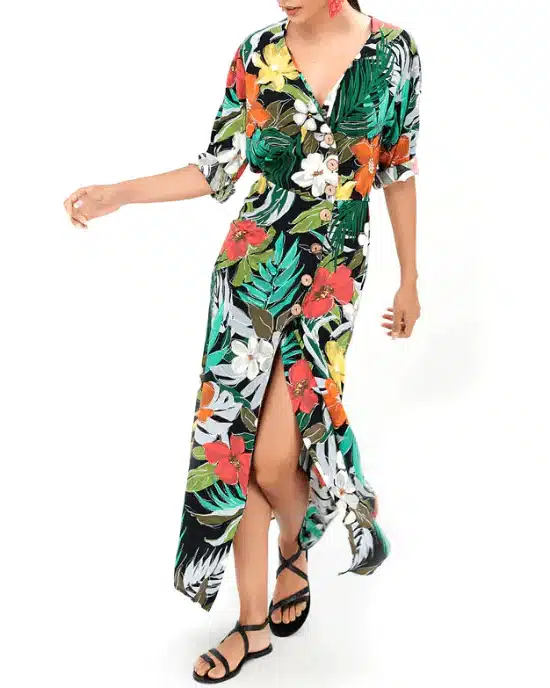 Women's V-Neck Tropical Floral Print Long Boho Beach Dress