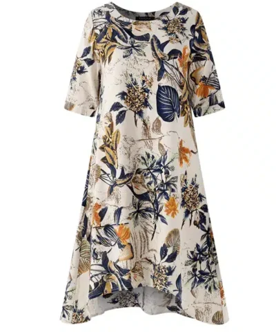 Women's Floral Printed Short Sleeve Loose Linen Dresses