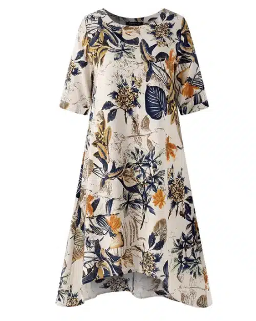 Women's Floral Printed Short Sleeve Loose Linen Dresses