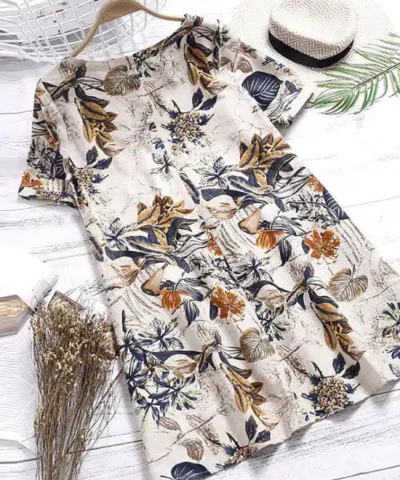 Women's Floral Printed Short Sleeve Loose Linen Dresses