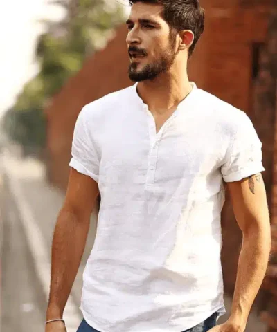 Men's 100% Linen Slim Fit Collarless Tops