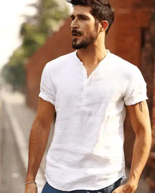 Men's 100% Linen Slim Fit Collarless Tops